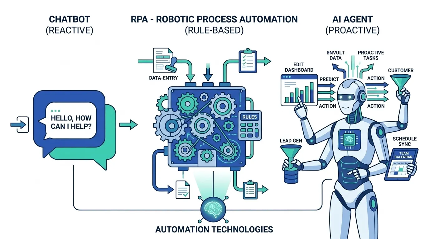 Perbandingan AI agent vs chatbot vs RPA - tiga pendekatan otomasi