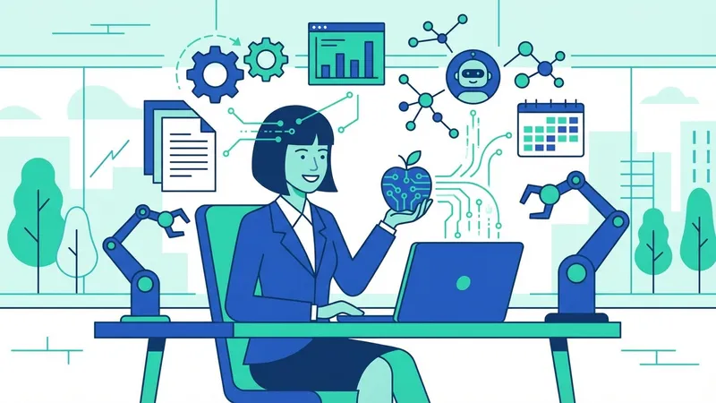 Ilustrasi seorang profesional bisnis yang menggunakan aplikasi AI di perangkat Apple, menunjukkan integrasi AI dalam pekerjaan