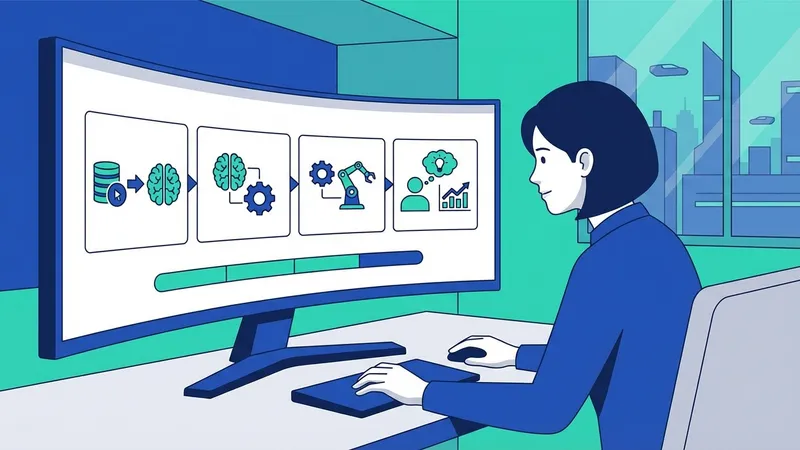 Ilustrasi seseorang mengoperasikan komputer dengan kartu ikon data, otak, roda gigi, lengan robot, dan grafik.