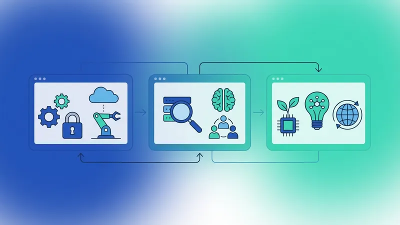 Ilustrasi tiga kartu terhubung yang menampilkan ikon keamanan, robot, pencarian data, orang, cip, lampu, dan globe.