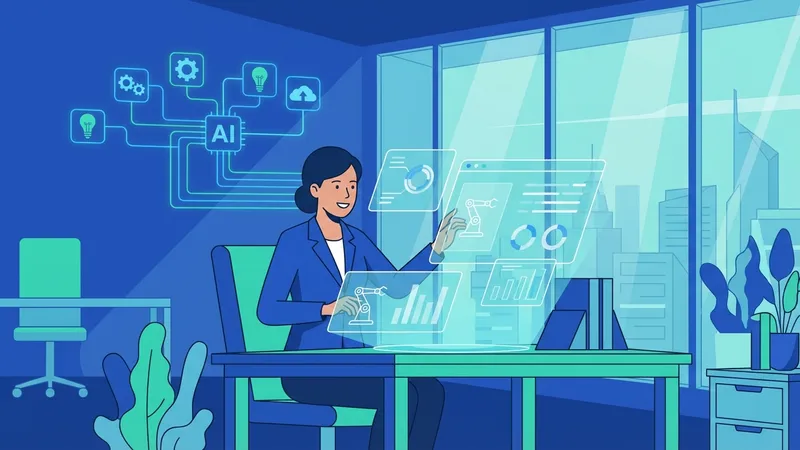 Ilustrasi perempuan di meja kerja dengan laptop, panel grafik transparan, dan simbol AI yang saling terhubung.