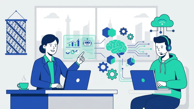 Seorang profesional AI sedang mempresentasikan data dan analisis menggunakan grafik