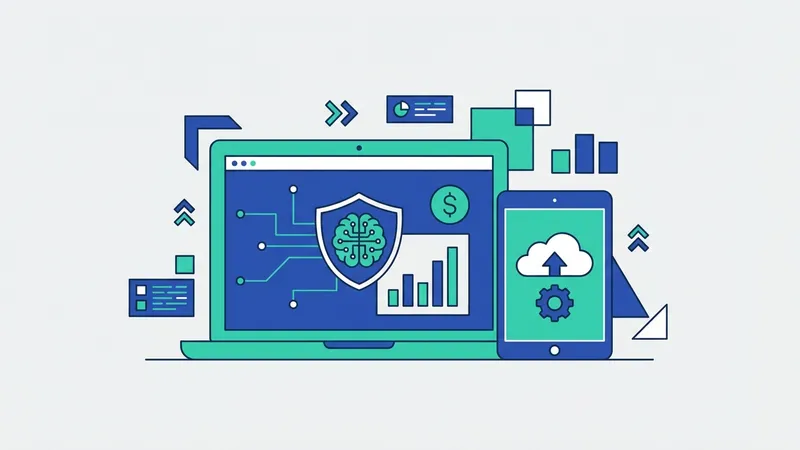 Ilustrasi kecerdasan buatan dalam sektor keuangan, menunjukkan grafik, data, dan robot yang berinteraksi dengan uang