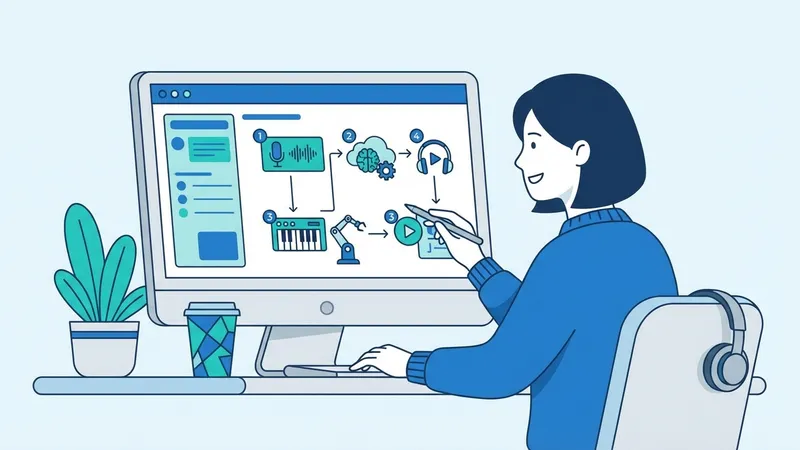 Seseorang menggunakan laptop dengan antarmuka AI musik, menunjukkan not balok dan spektrum suara