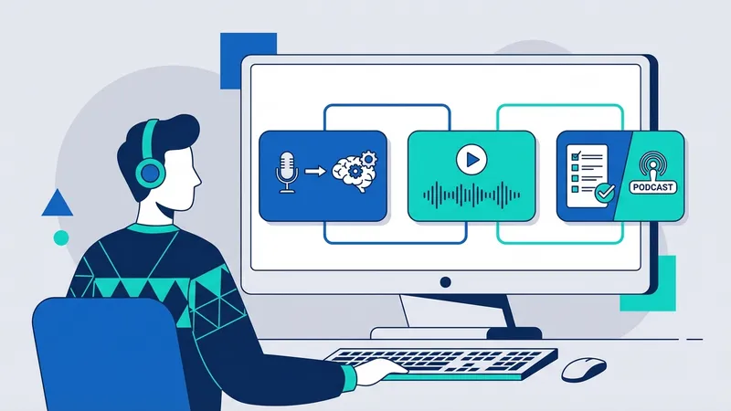 Seorang podcaster sedang mengedit audio dengan bantuan AI, terlihat antarmuka software yang canggih