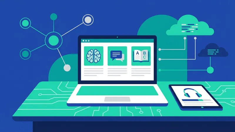 Ilustrasi seorang pelajar menggunakan aplikasi AI di tablet untuk belajar bahasa Inggris dengan latar belakang teks bahasa Inggris