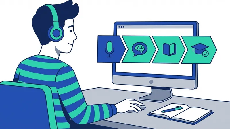 Ilustrasi tangan memegang smartphone dengan aplikasi belajar bahasa Inggris berbasis AI, menunjukkan fitur umpan balik instan