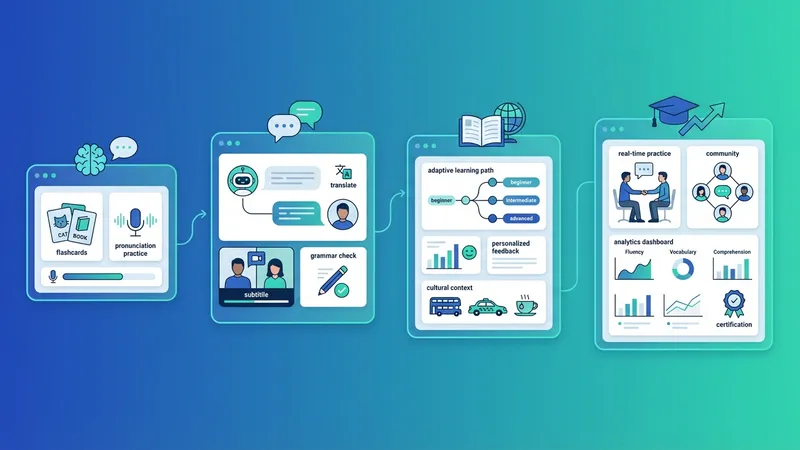 Ilustrasi seseorang yang fokus belajar bahasa Inggris menggunakan laptop dan headphone, dengan antarmuka aplikasi AI yang interaktif