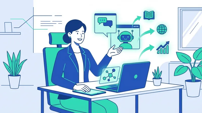 Ilustrasi dua orang berdiskusi di depan papan tulis digital, melambangkan interaksi manusia dan teknologi dalam pembelajaran