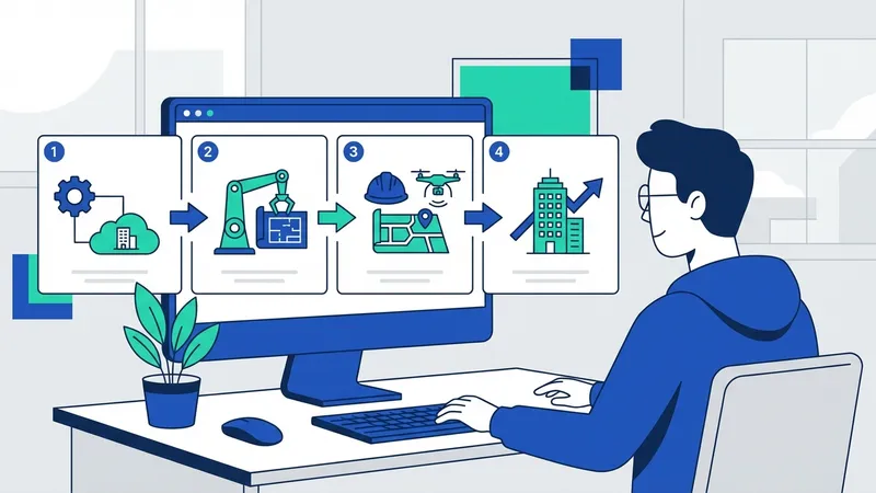 Ilustrasi robotika AI yang bekerja di lokasi konstruksi modern