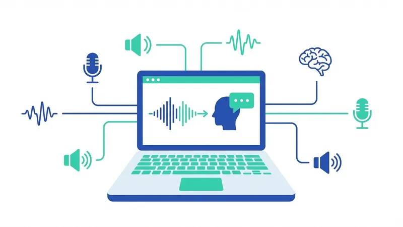 Seorang wanita sedang menggunakan AI Voice Generator di depan komputer untuk membuat suara yang realistis