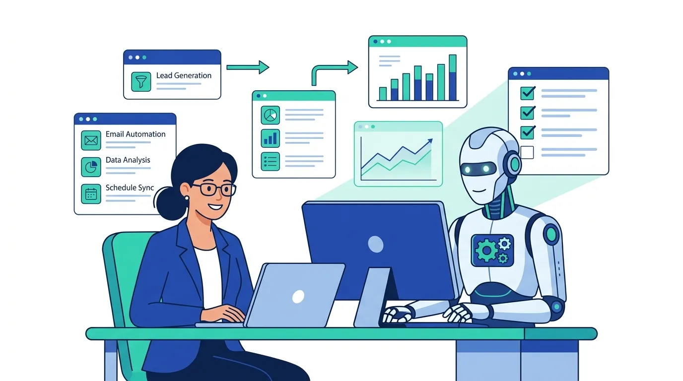 Apa itu AI agent - ilustrasi AI agent bekerja bersama profesional bisnis