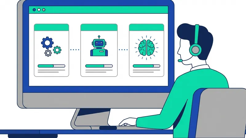 Robot yang berinteraksi dengan data dan manusia, menunjukkan aplikasi AI