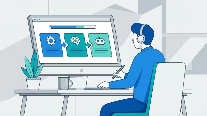 Ilustrasi seorang pekerja di depan monitor yang menampilkan tiga kartu berurutan, roda gigi lalu otak lalu robot, dihubungkan tanda panah