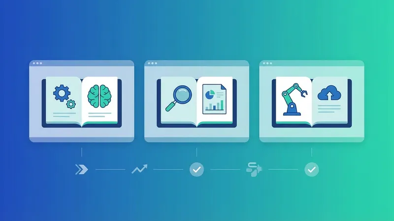 Tiga panel berisi buku terbuka dengan ikon roda gigi dan otak, kaca pembesar dan dokumen grafik, serta lengan robot dan awan, dihubungkan garis waktu bertanda centang