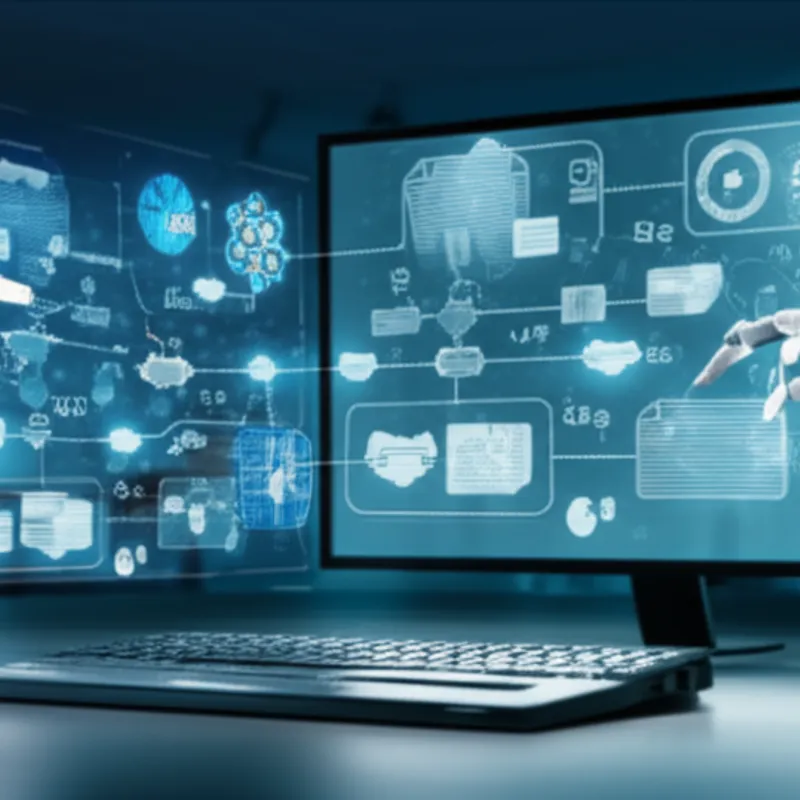 Business process automation menampilkan diagram alur proses bisnis yang terhubung secara otomatis dengan ikon workflow digital