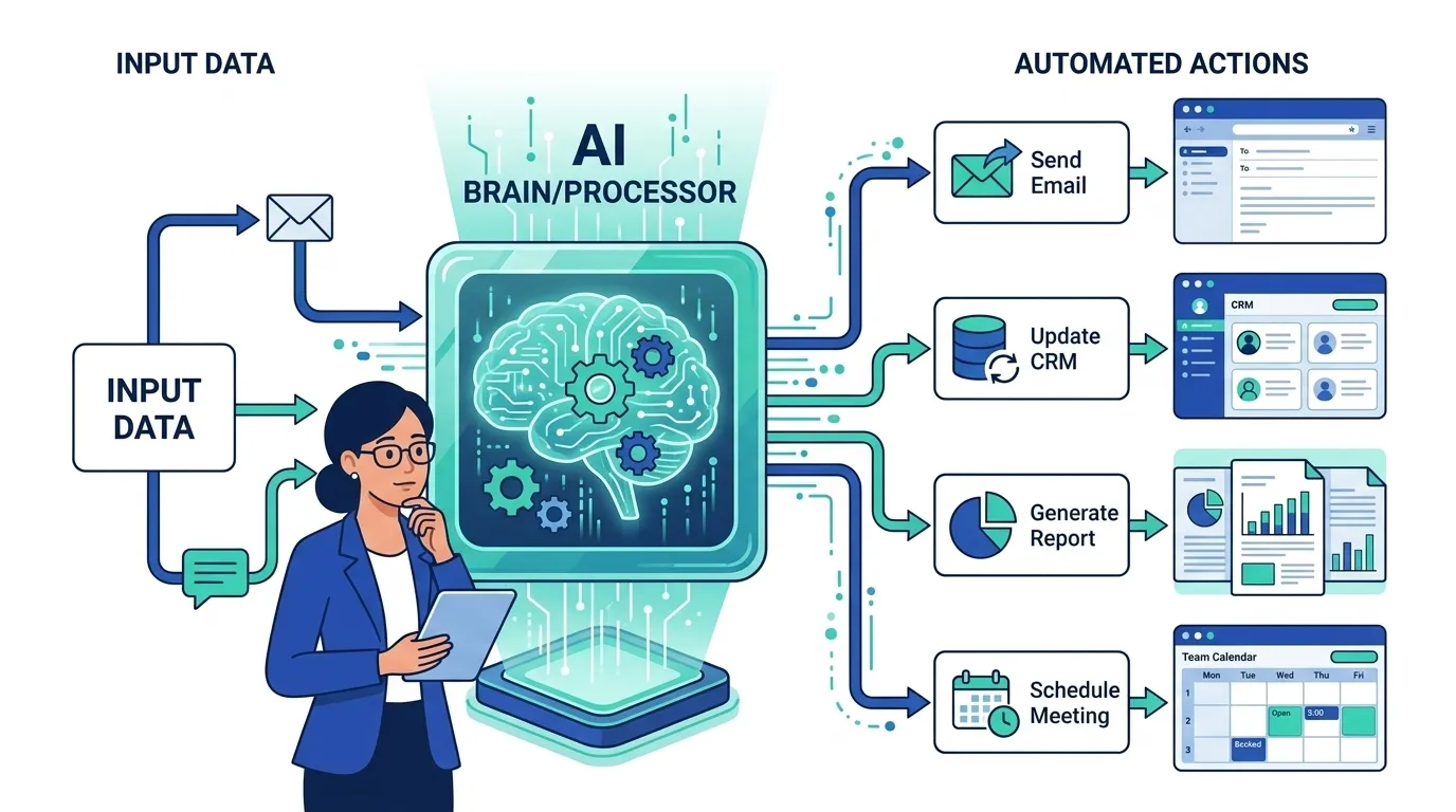 Cara kerja AI agent - diagram alur input data ke automated actions