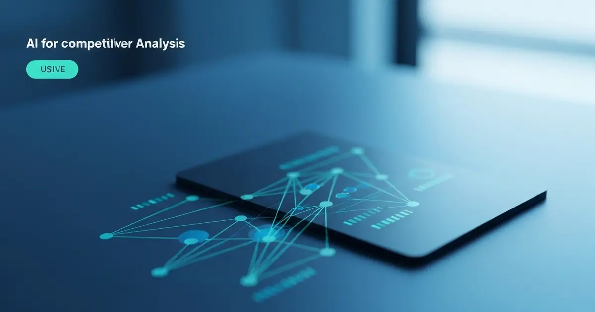 Ilustrasi AI untuk analisis kompetitor dengan jaringan data di atas laptop
