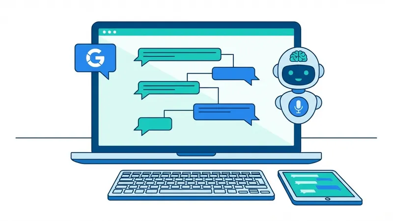 Ilustrasi seseorang berinteraksi dengan chat bot Google di layar digital