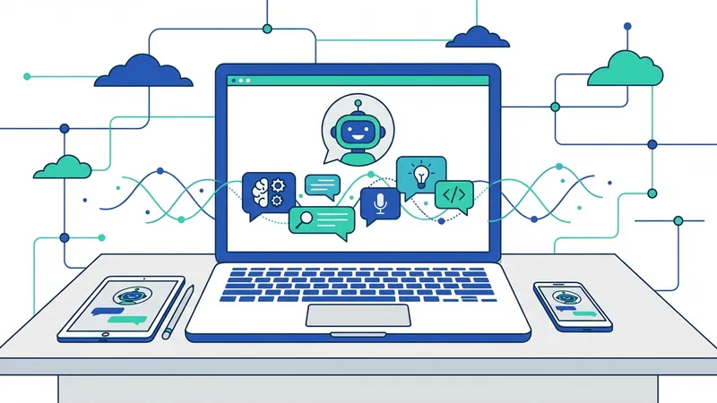 Ilustrasi chatbot AI sedang berinteraksi dengan pelanggan di berbagai perangkat