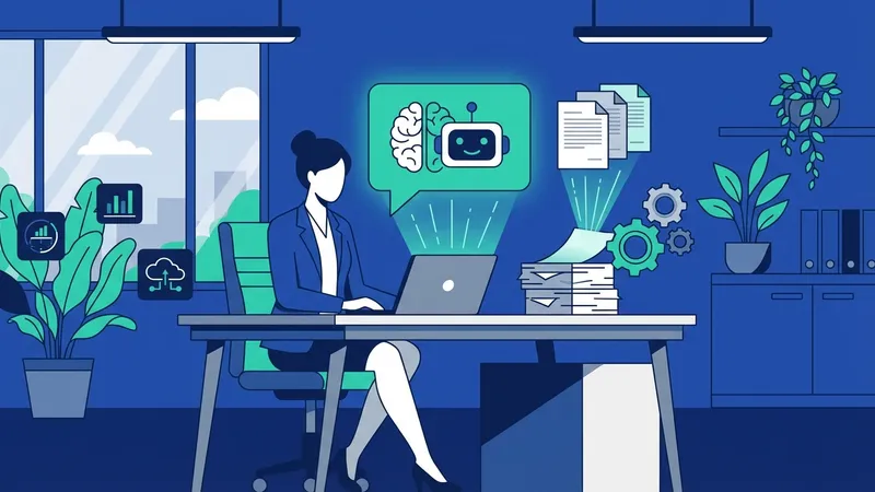 Robot dan manusia berjabat tangan di lingkungan kantor futuristik, melambangkan kolaborasi manusia-AI