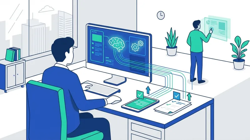 Ilustrasi tim bisnis yang berkolaborasi dengan AI untuk analisis data dan strategi