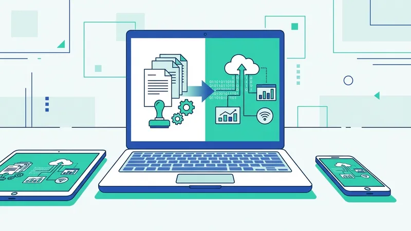 Ilustrasi konsep digitalisasi dengan ikon-ikon teknologi seperti cloud, data, dan konektivitas