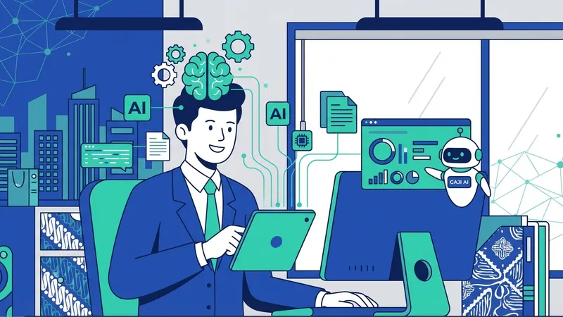 Seorang wanita sedang mempresentasikan data dan analisis AI kepada audiens