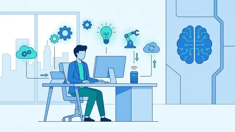 Ilustrasi masa depan kota yang dipenuhi dengan teknologi AI dan robot
