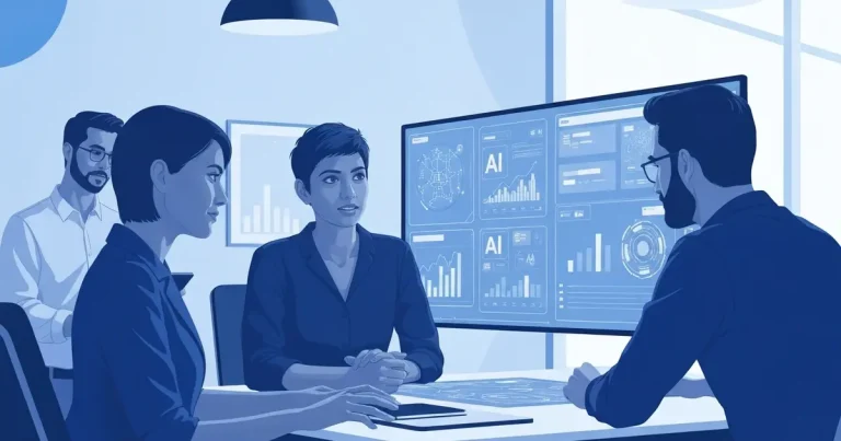 Ilustrasi tim bisnis berdiskusi di ruang rapat sambil menatap layar dashboard analitik bertema kecerdasan buatan