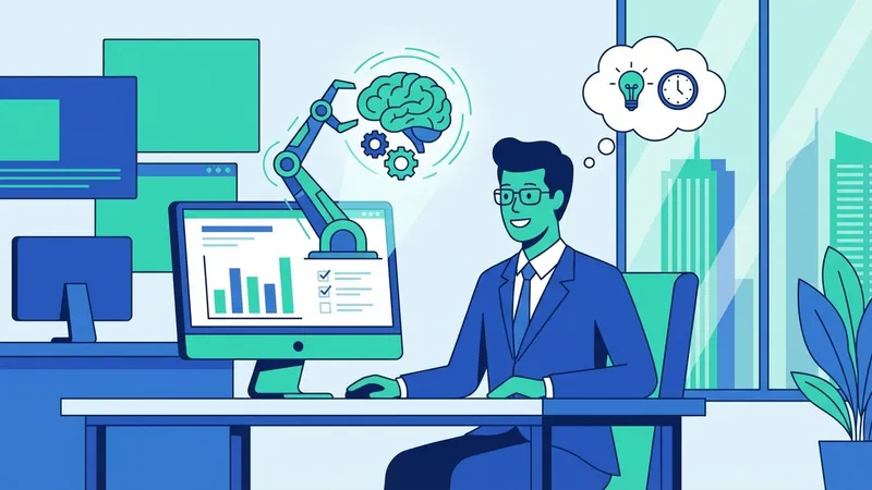 Ilustrasi masa depan AI dengan manusia yang berinteraksi dengan teknologi canggih