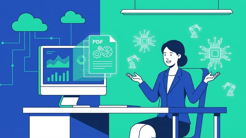 Ilustrasi pebisnis di depan layar analisis AI dan dokumen PDF