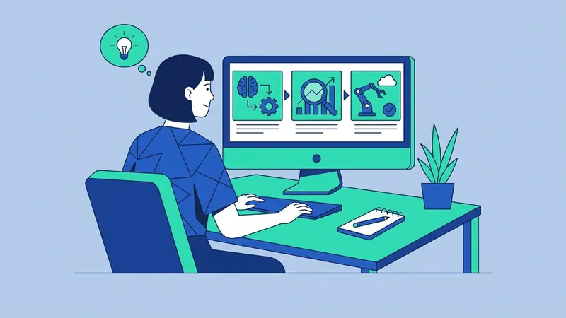 Ilustrasi seseorang menggunakan komputer yang menampilkan ikon otak, grafik, dan lengan robot