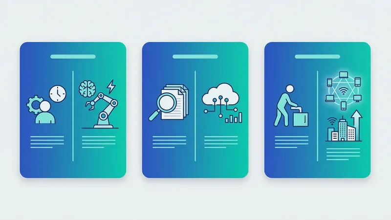 Ilustrasi tiga panel dengan ikon jam, lengan robot, dokumen, cloud, dan jaringan perangkat
