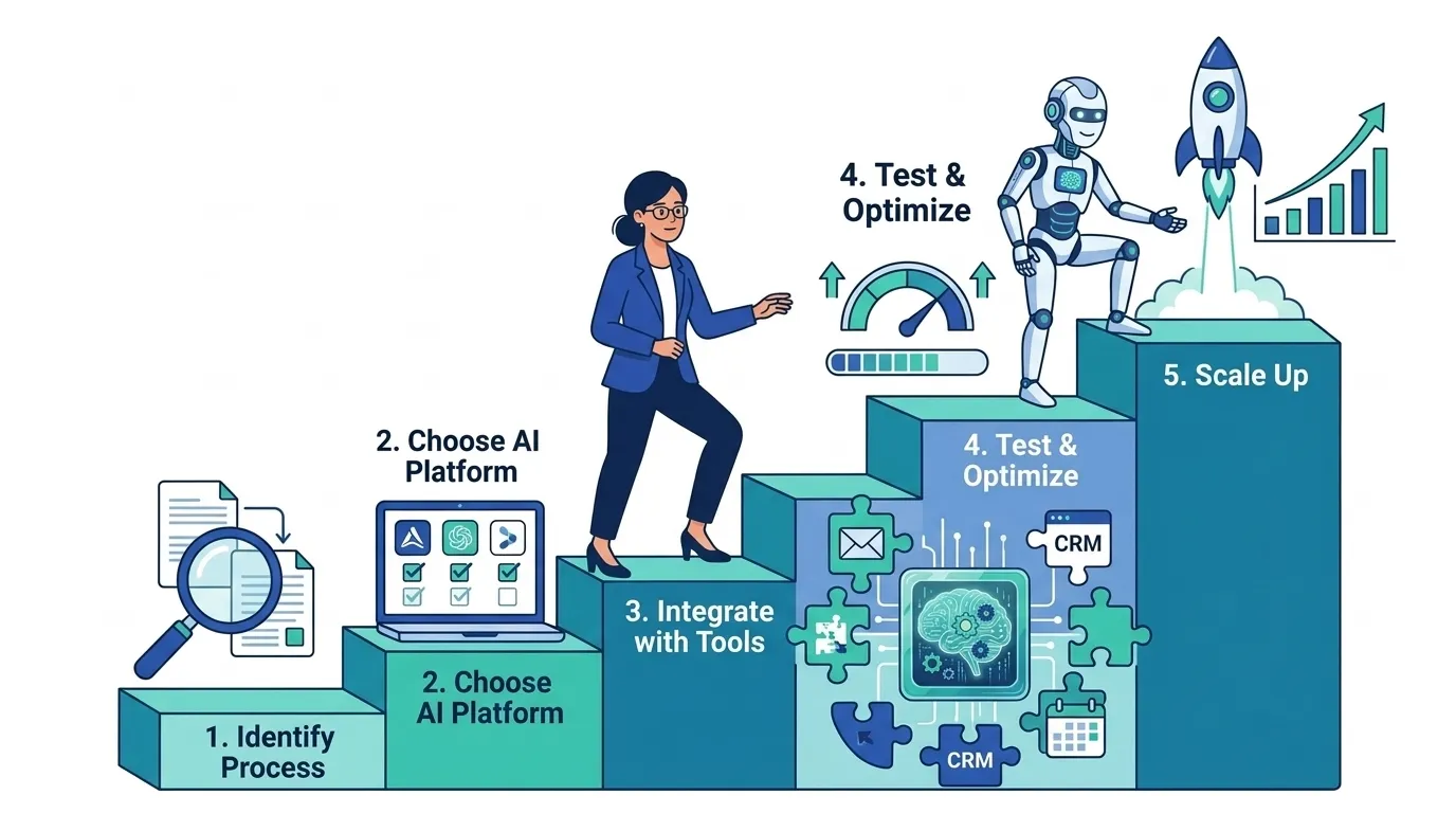 Langkah implementasi AI agent - 5 tahap dari identifikasi hingga scale up