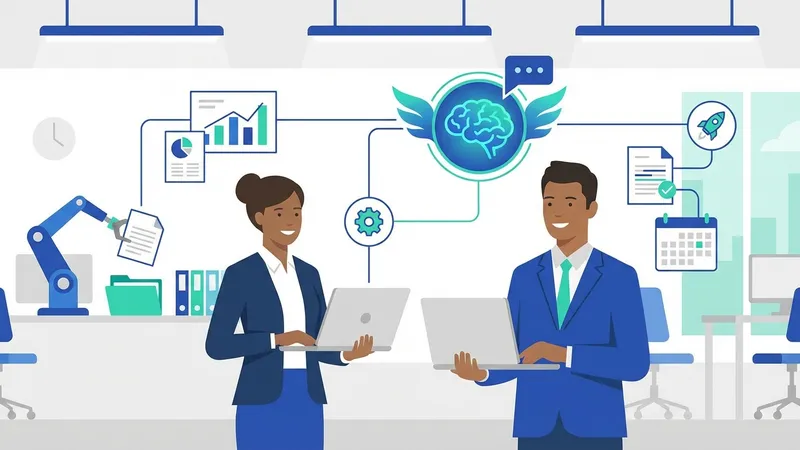 Tim bisnis berdiskusi di depan layar besar yang menampilkan diagram alur kerja AI dan Copilot