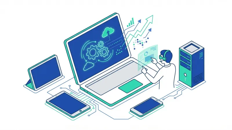 Ilustrasi konsep transformasi digital dengan berbagai ikon teknologi dan bisnis yang terhubung