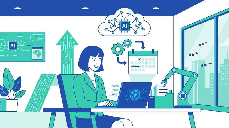 Pebisnis wanita berinteraksi dengan dashboard AI, menunjukkan efisiensi