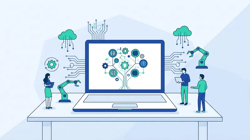 Ilustrasi tim di perusahaan artificial intelligence sedang berdiskusi dengan latar belakang visualisasi data dan algoritma AI