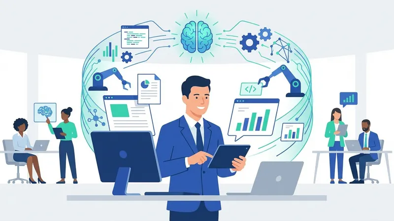 Pebisnis sedang menganalisis data dan strategi AI untuk transformasi digital perusahaan