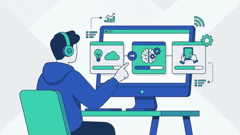 Ilustrasi grafis tantangan dan peluang dalam pengembangan AI, dengan ikon-ikon seperti data, talenta, dan investasi