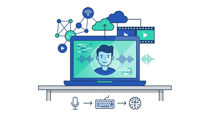 Ilustrasi seorang avatar AI yang berbicara di layar, mewakili kemampuan Synthesia AI