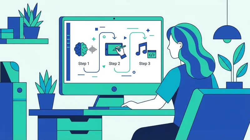 Ilustrasi seorang developer yang sedang dalam 'flow state' dengan bantuan AI, menunjukkan lingkungan yang fokus dan produktif