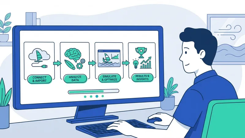 Peselancar angin dengan sensor yang terpasang pada peralatan dan tubuh, data performa ditampilkan secara real-time di layar transparan.