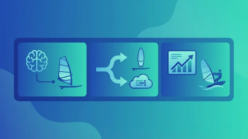 Papan windsurfing dengan sensor yang terpasang dan peta digital yang menunjukkan kondisi angin dan ombak yang diprediksi oleh AI.