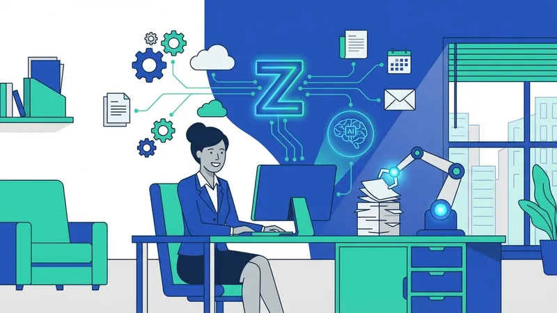 Seorang profesional bisnis menggunakan Zapier di laptop