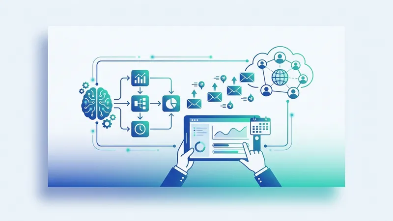 Dashboard automation untuk email marketing menampilkan workflow AI-powered dengan trigger dan sequence otomatis untuk kampanye bisnis