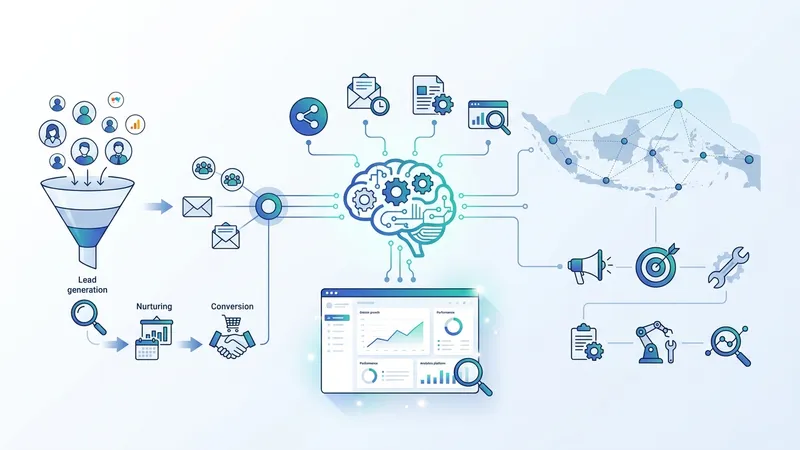Marketing automation Indonesia menampilkan dashboard kampanye otomatis dengan alur email dan notifikasi WhatsApp yang terhubung