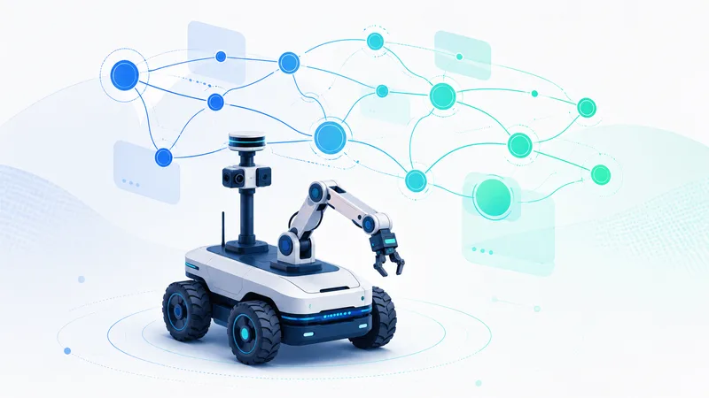 Ilustrasi robot beroda dengan lengan mekanik dan graf node komunikasi ROS