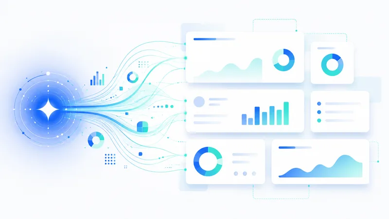 Ilustrasi slide presentasi yang tersusun otomatis dari aliran data oleh AI